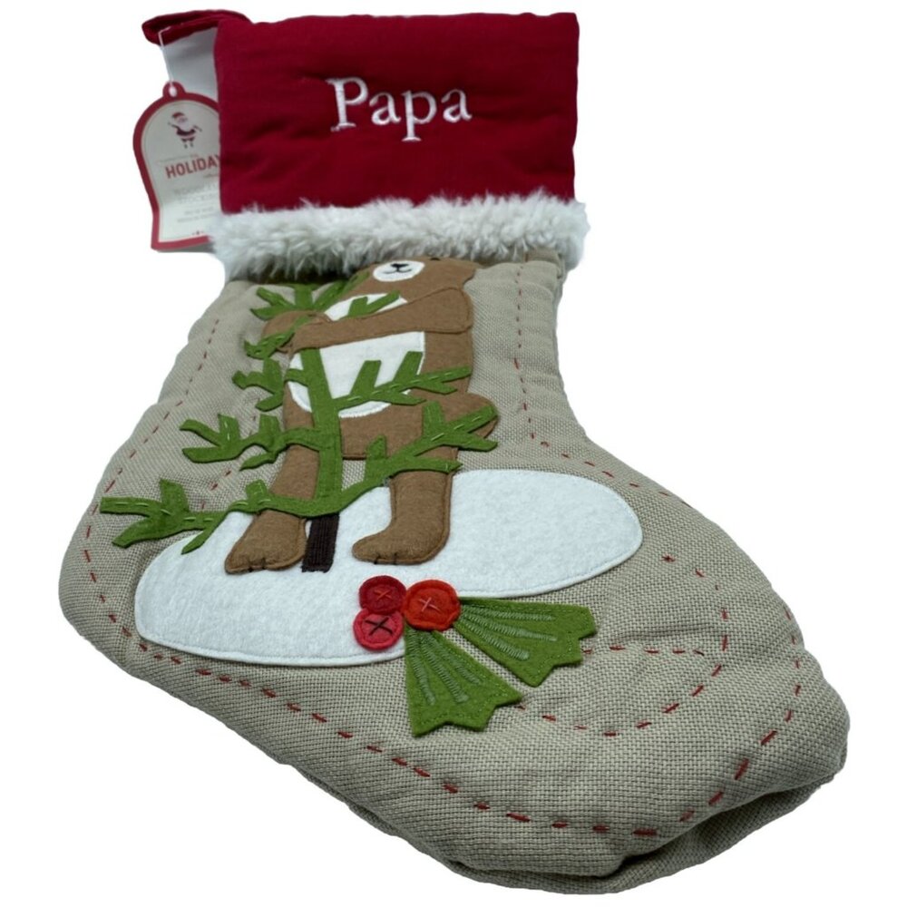 Pottery Barn Kids Papa Woodland Bear Stocking Holiday Christmas Quilted Xmas